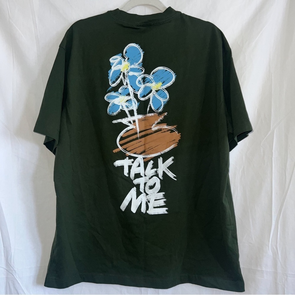 H&M ‘Talk To Me’ Green Floral Relaxed Fit Printed Tee, Size L